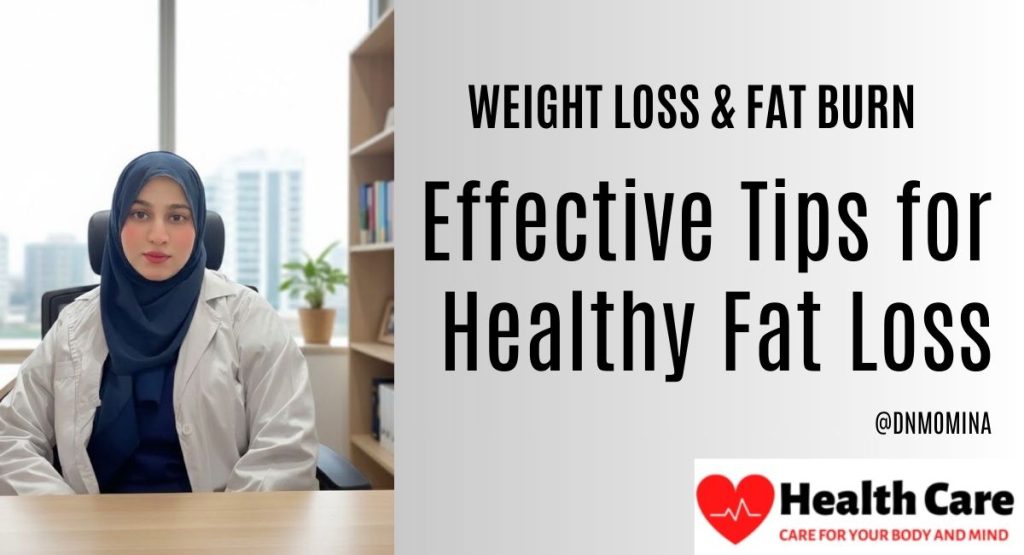 Nutritionist DN Momina sharing effective tips for healthy fat loss and weight loss with Health Care logo.