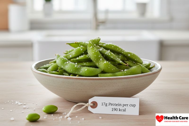 A bowl of steamed green edamame pods sprinkled with sea salt, with a tag showing 17g protein and 190 kcal.
